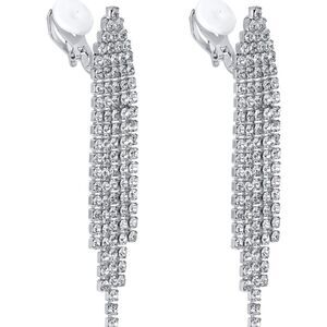 CLIP ON SILVER Chandelier Tassel Dangle Linear Drop Earrings Austrian Crystals